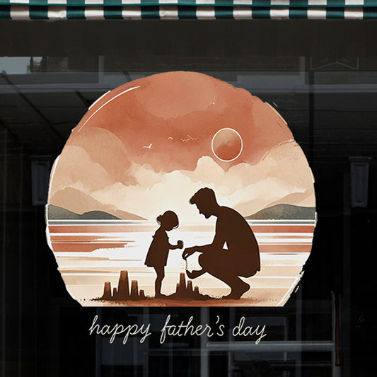 Father's Day Window Cling Decal for Retail Shop Displays - Dad & Daughter Building Sandcastle