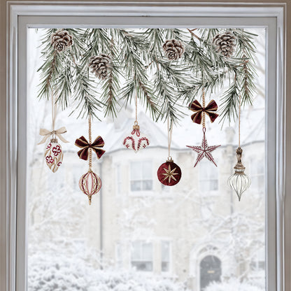 Christmas Burgundy Baubles & Pine Window Decoration - Reusable Clings for Shop & Home Winter Decor