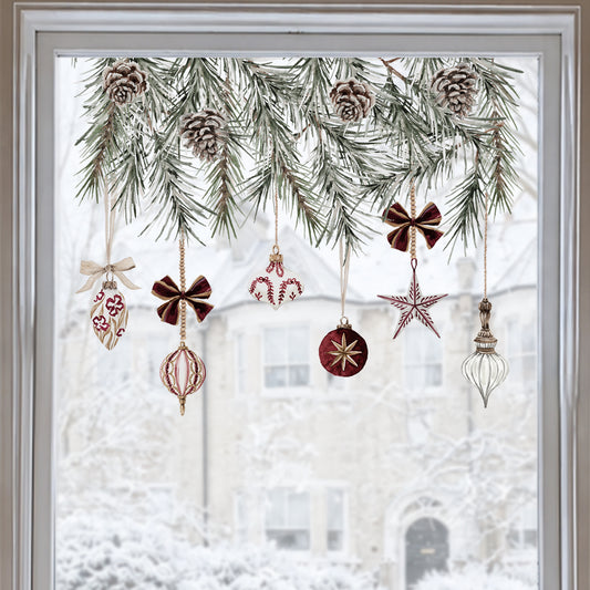 Christmas Burgundy Baubles & Pine Window Decoration - Reusable Clings for Shop & Home Winter Decor