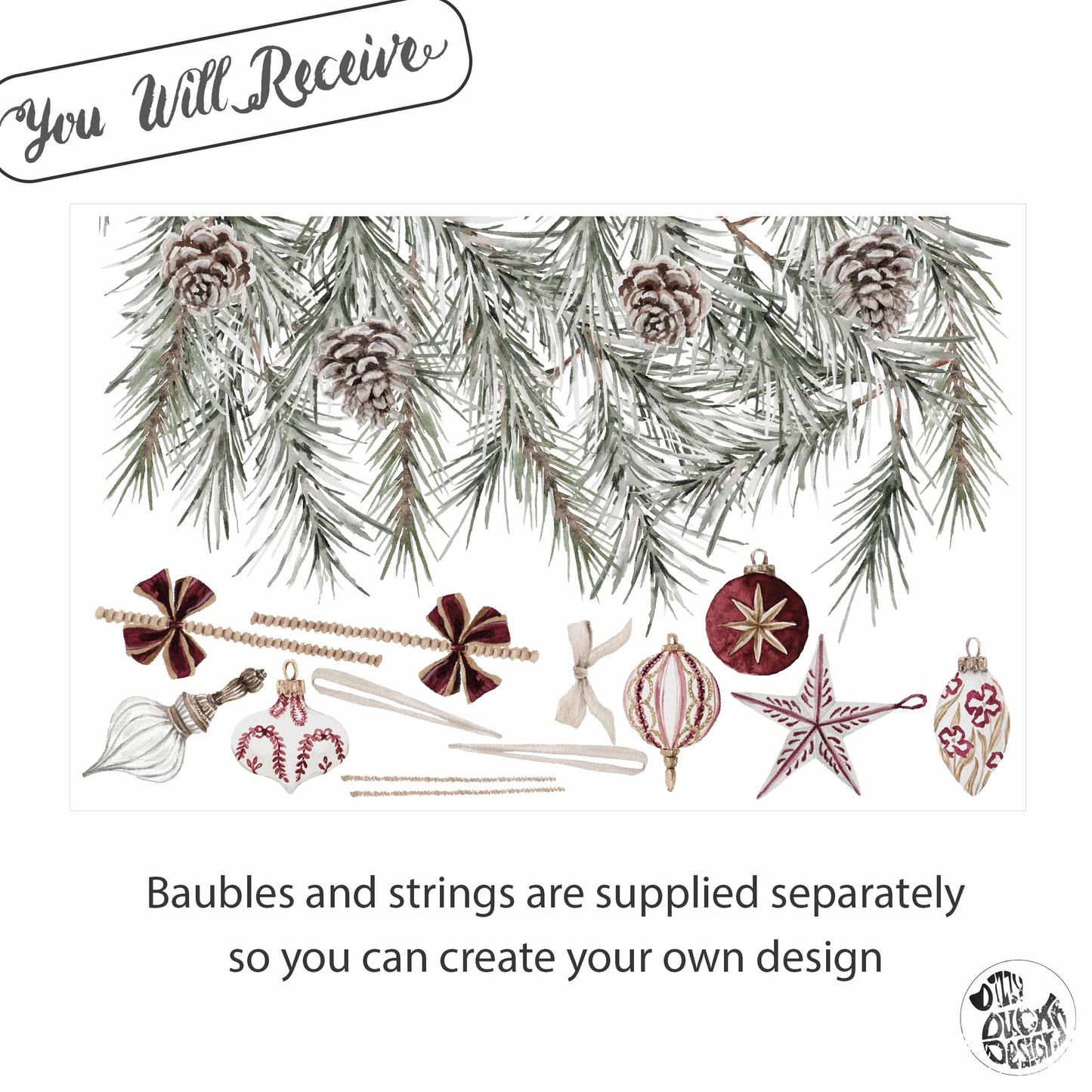 Christmas Burgundy Baubles & Pine Window Decoration - Reusable Clings for Shop & Home Winter Decor