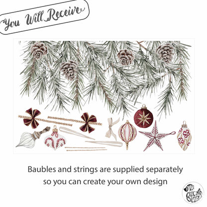 Christmas Burgundy Baubles & Pine Window Decoration - Reusable Clings for Shop & Home Winter Decor