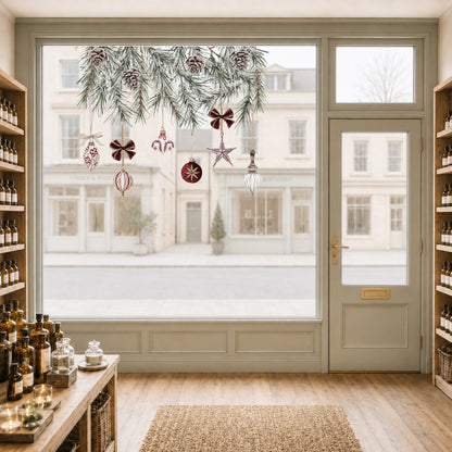 Christmas Burgundy Baubles & Pine Window Decoration - Reusable Clings for Shop & Home Winter Decor