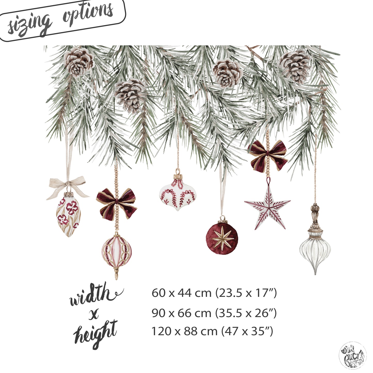 Christmas Burgundy Baubles & Pine Window Decoration - Reusable Clings for Shop & Home Winter Decor