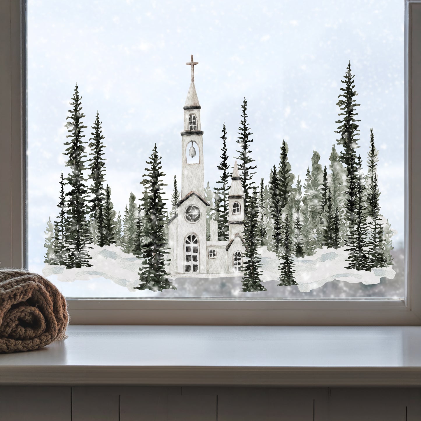 Church in Winter Forest Window Decoration - Reusable Clings for Christmas