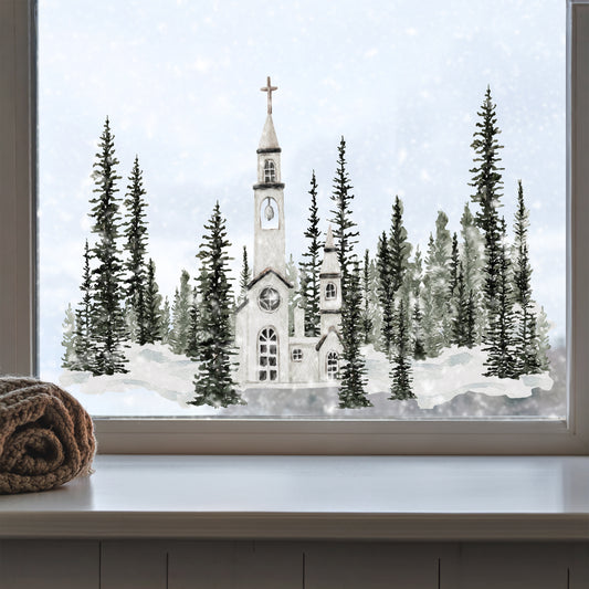 Church in Winter Forest Window Decoration - Reusable Clings for Christmas