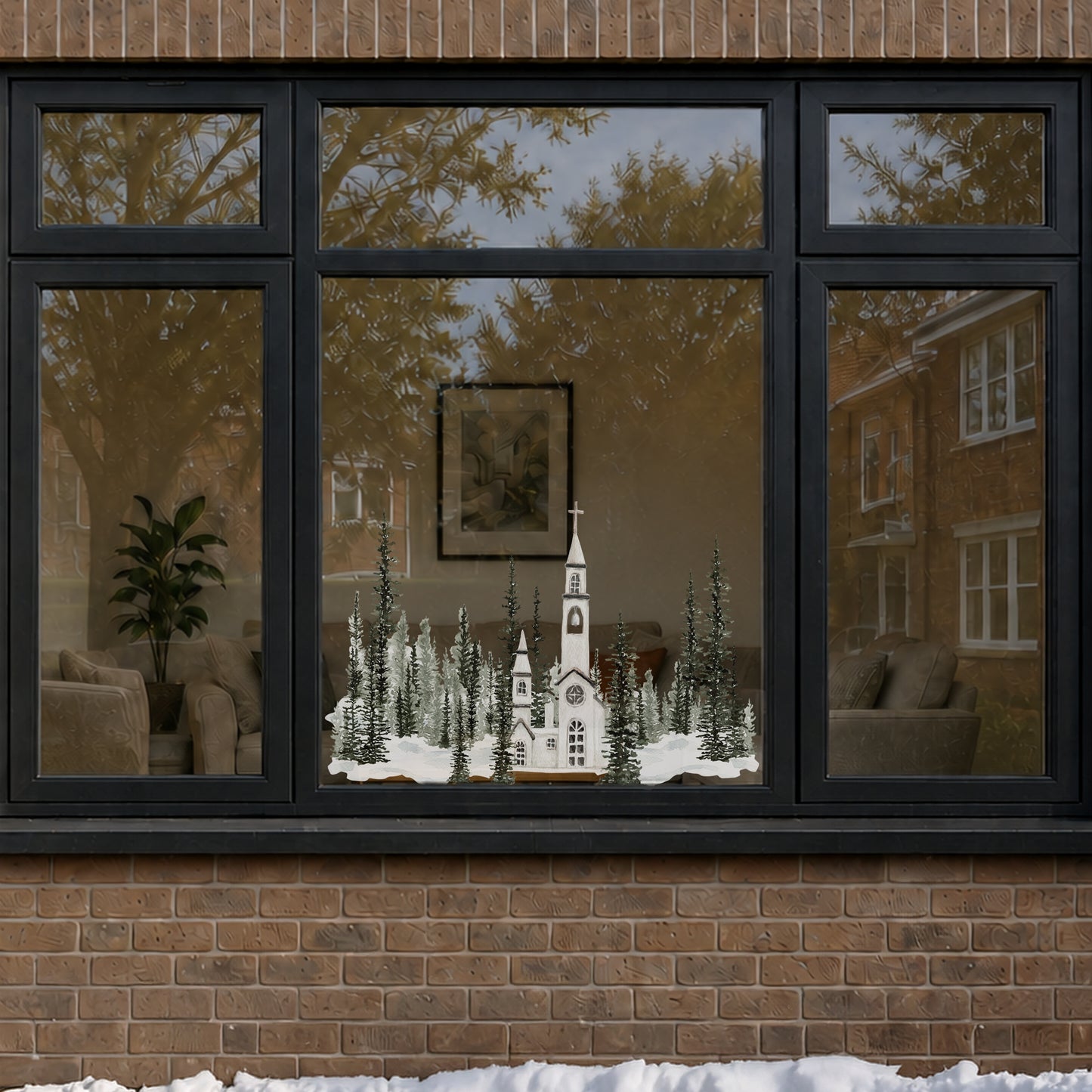 Church in Winter Forest Window Decoration - Reusable Clings for Christmas