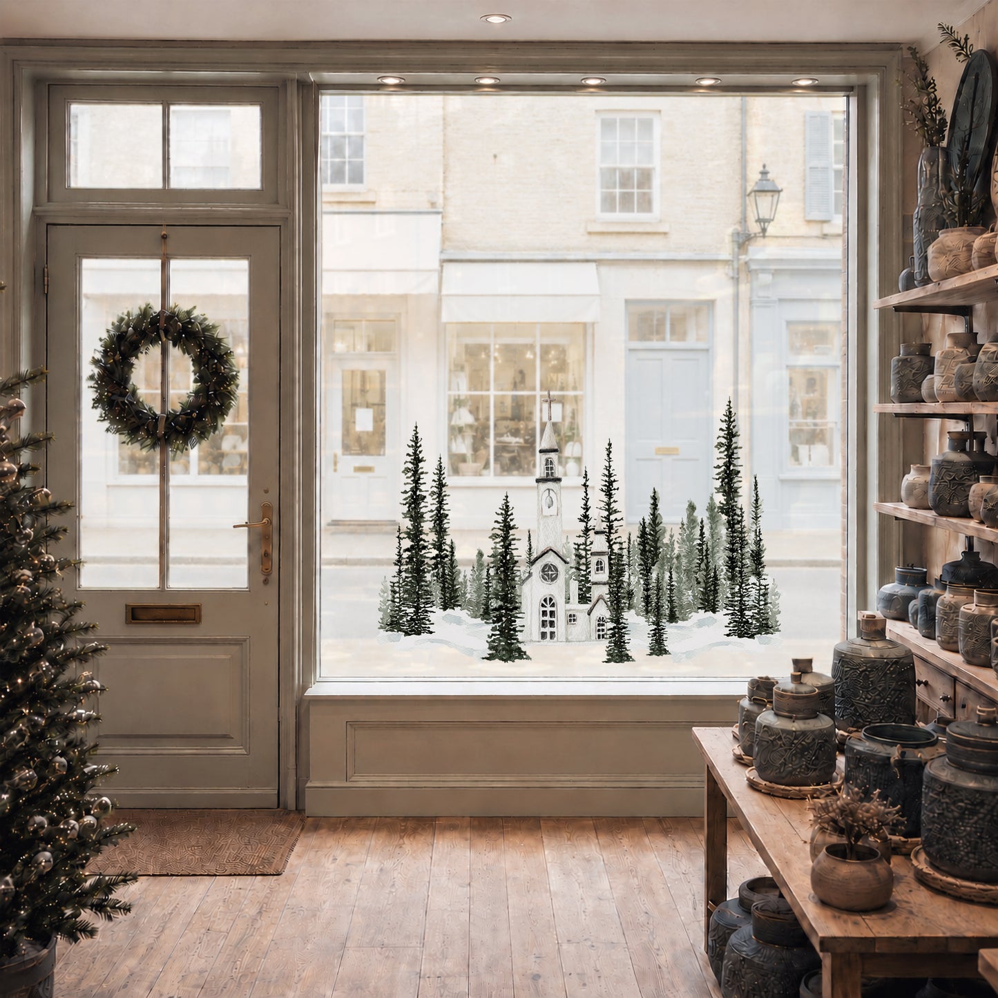 Church in Winter Forest Window Decoration - Reusable Clings for Christmas