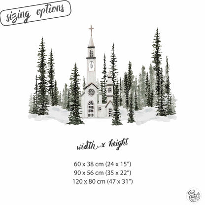 Church in Winter Forest Window Decoration - Reusable Clings for Christmas