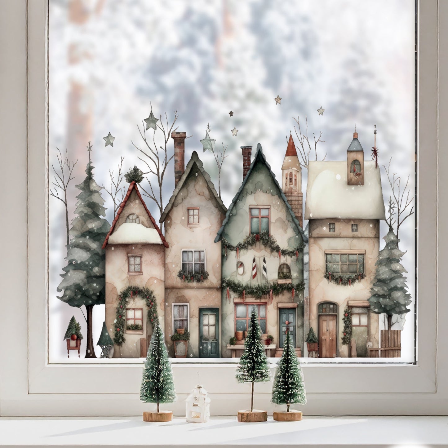 Starry Night Christmas Village Window Decal