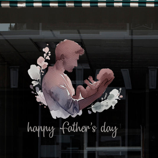 Father's Day Window Cling Decal for Retail Shop Displays - Floral Boho Dad Holding Baby