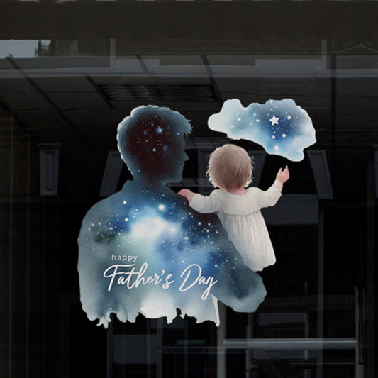 Father's Day Window Cling Decal for Retail Shop Displays - Blue Watercolour Dad and Child Looking at Sky