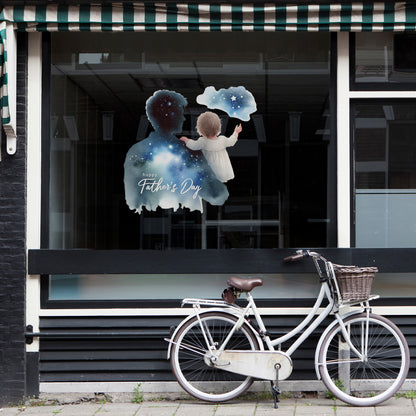 Father's Day Window Cling Decal for Retail Shop Displays - Blue Watercolour Dad and Child Looking at Sky