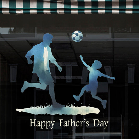 Happy Father's Day Retail Window Cling Sticker - Blue Watercolour Dad & Son Playing Football