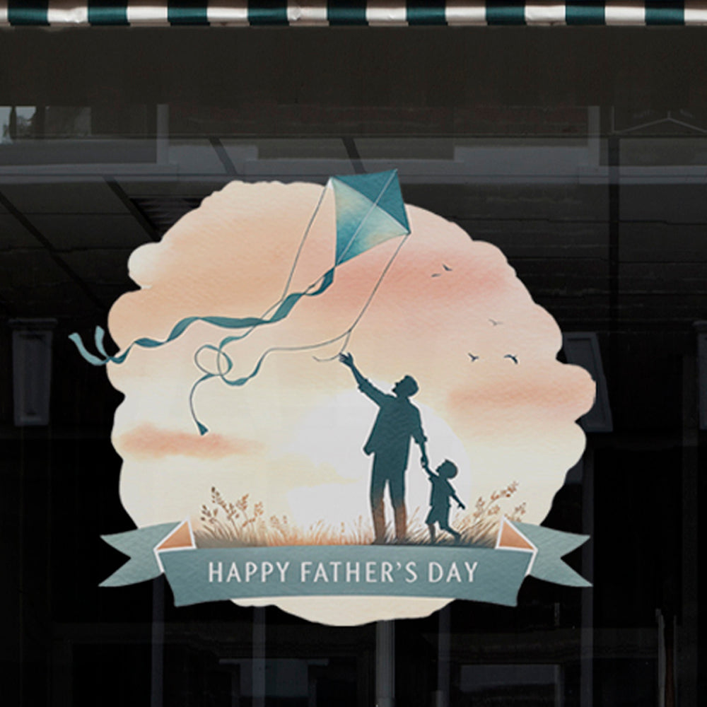 Father's Day Window Display Cling for Shops & Businesses - Dad Flying Kite with Child