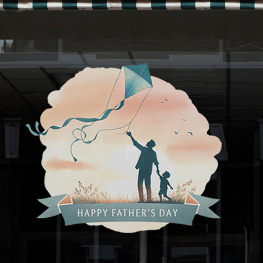 Father's Day Window Display Cling for Shops & Businesses - Dad Flying Kite with Child