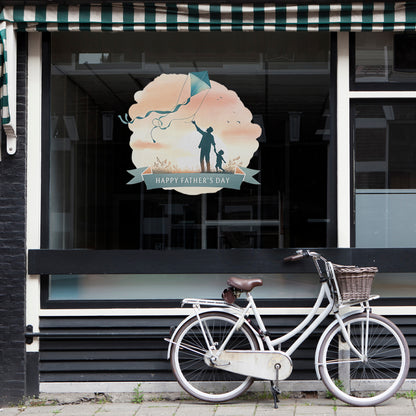 Father's Day Window Display Cling for Shops & Businesses - Dad Flying Kite with Child