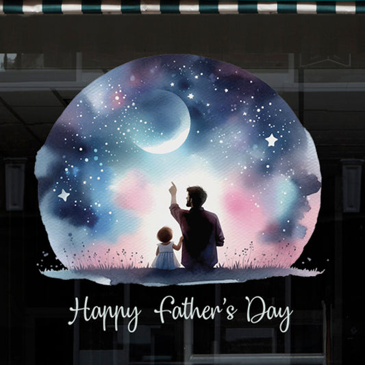 Father's Day Window Cling Decal for Retail Shop Displays - Dad & Daughter with Blue Starry Night Sky