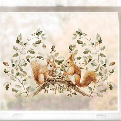 Squirrel & Forest Leaves Shop Window Cling for Autumn Display