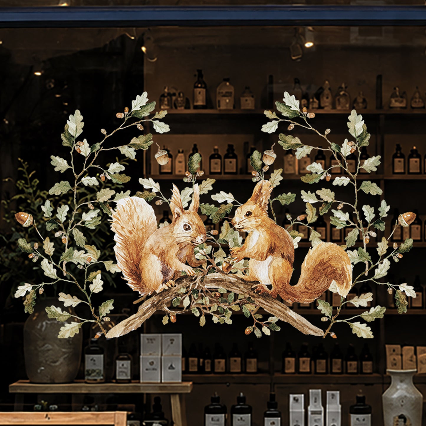Squirrel & Forest Leaves Shop Window Cling for Autumn Display