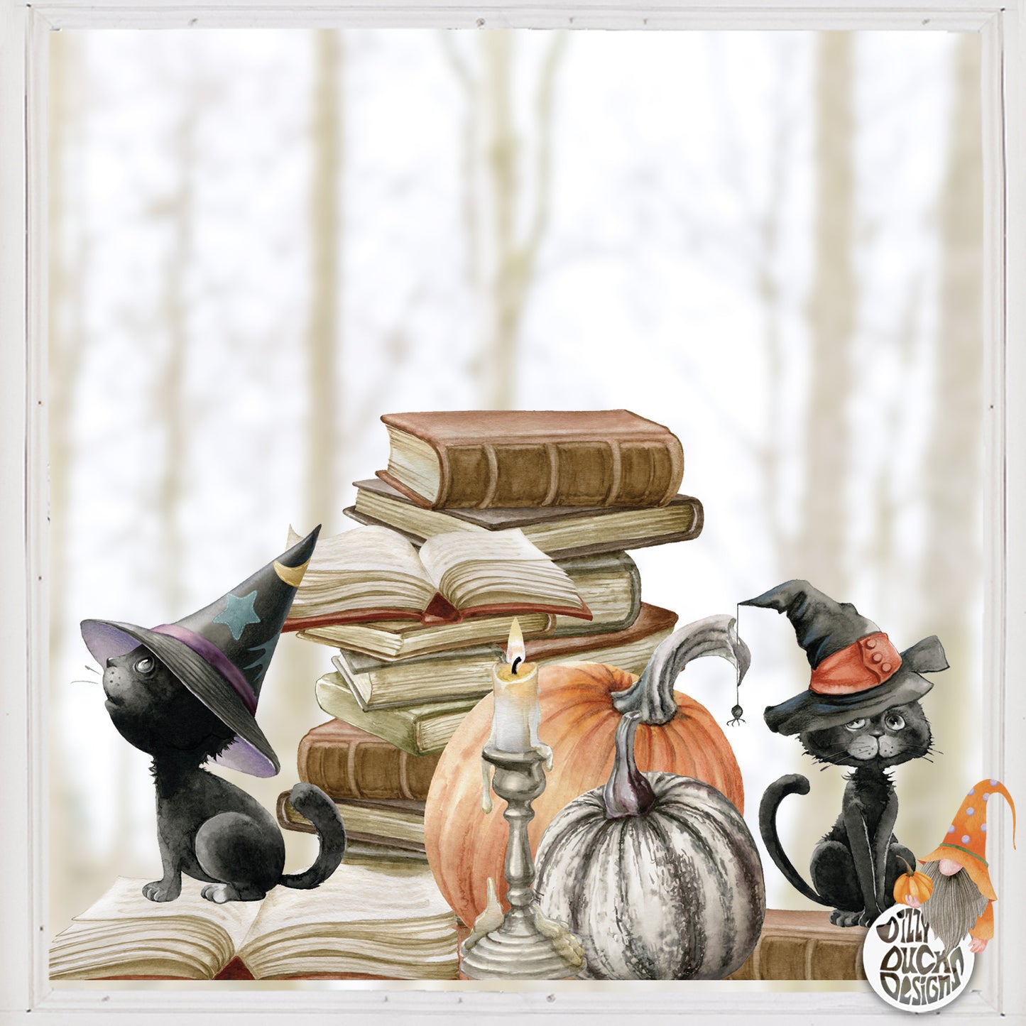 Halloween Black Cat with Books Window Decal