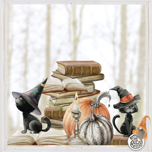 Halloween Black Cat with Books Window Decal