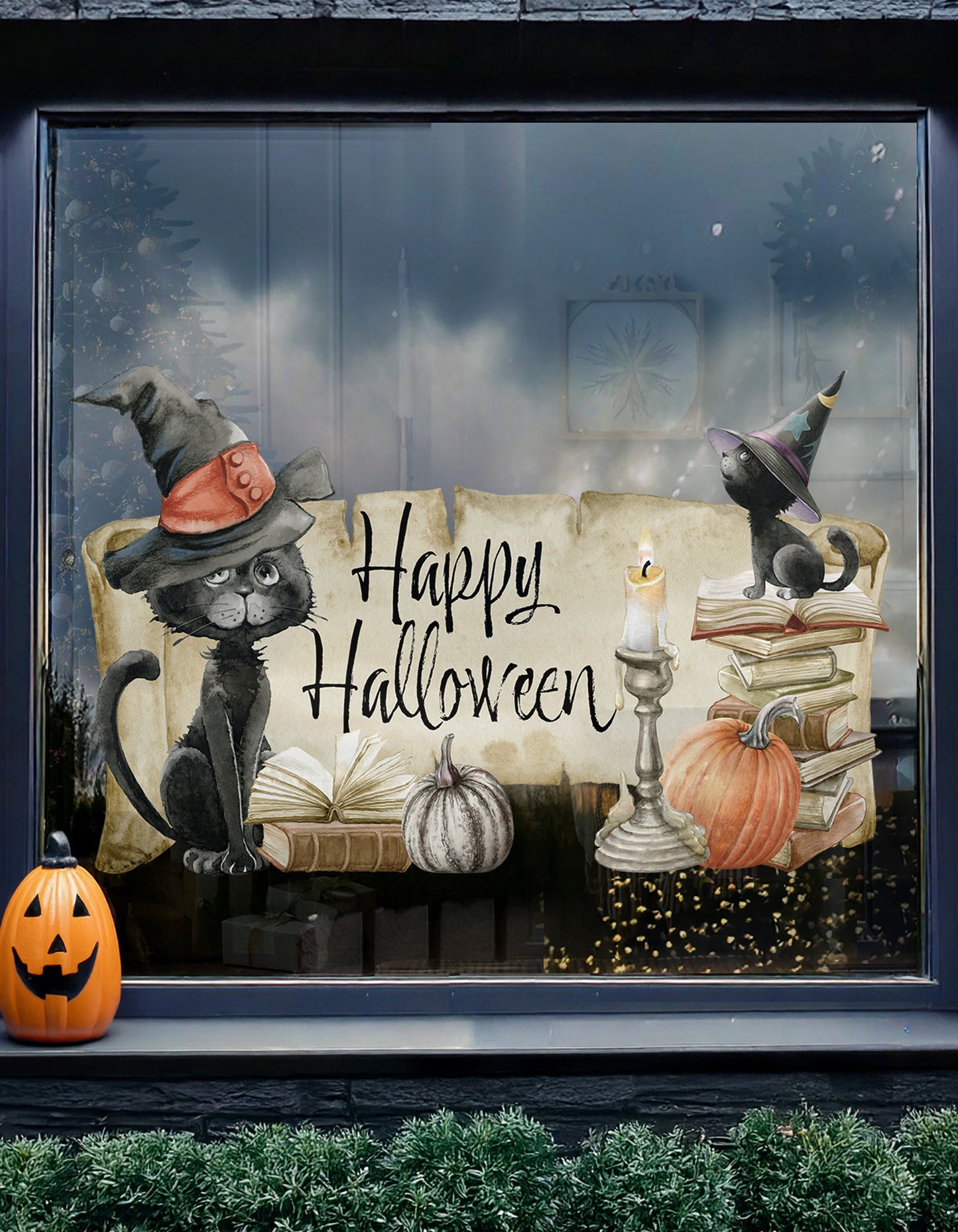 Happy Halloween Quote Black Cat with Pumkins Window Decal