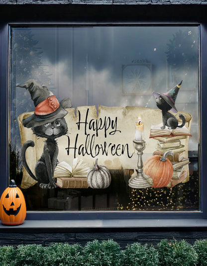 Happy Halloween Quote Black Cat with Pumkins Window Decal