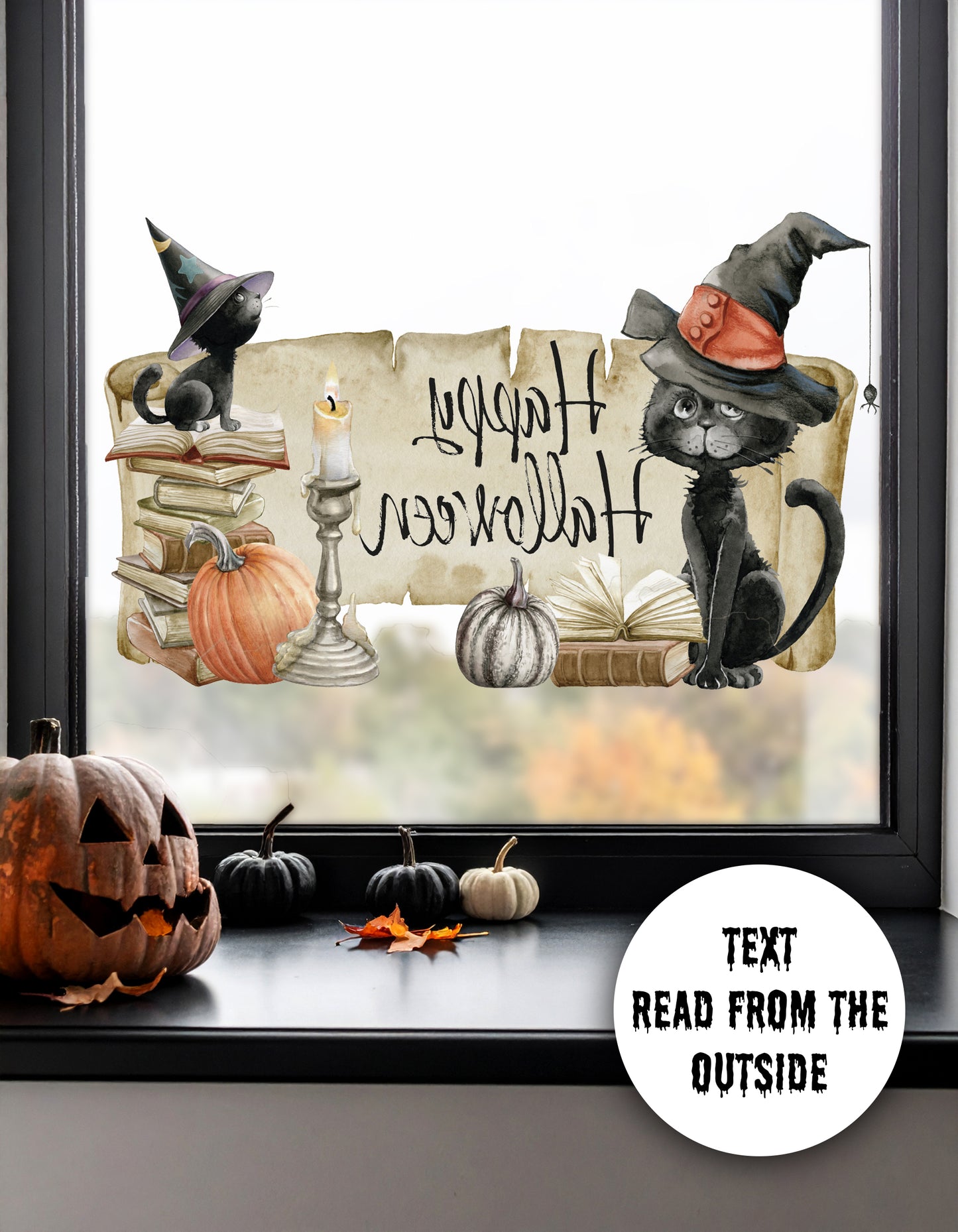Happy Halloween Quote Black Cat with Pumkins Window Decal