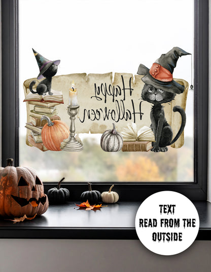 Happy Halloween Quote Black Cat with Pumkins Window Decal