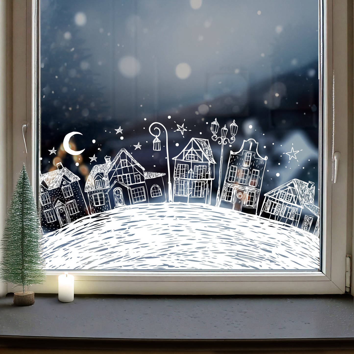 Hand Drawn Winter Village on Hill Window Decal