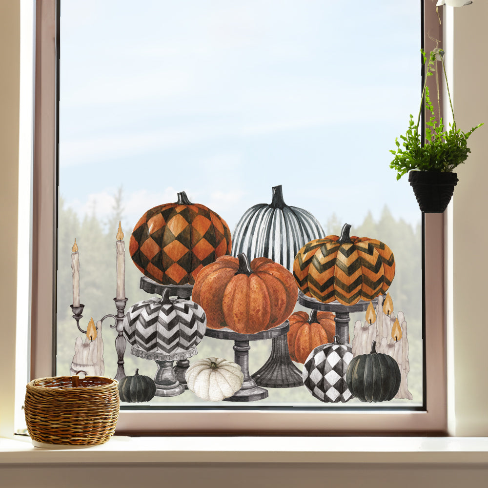 Halloween Black Orange Pumpkins on Pedestals Window Decal