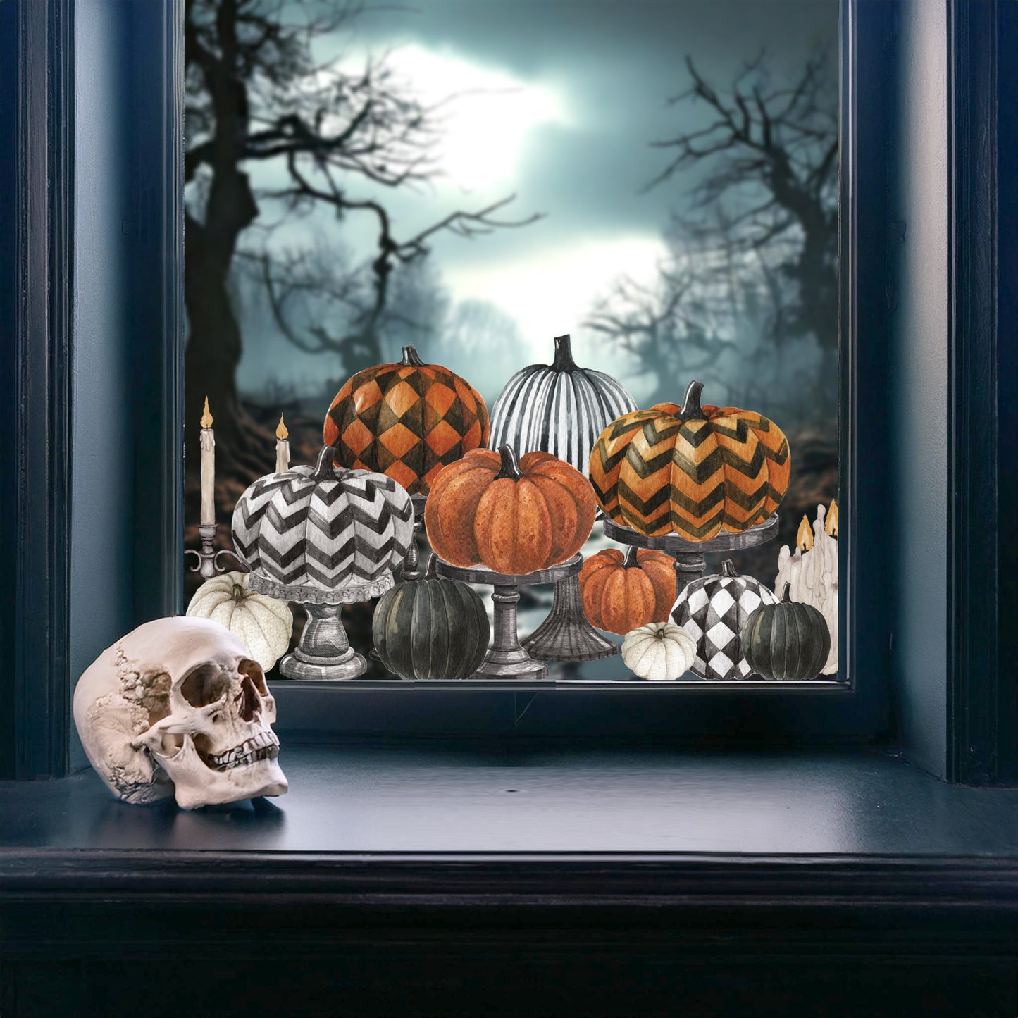 Halloween Black Orange Pumpkins on Pedestals Window Decal