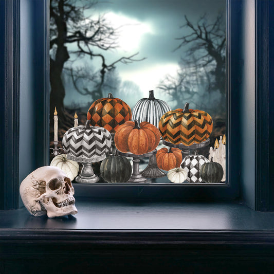 Halloween Black Orange Pumpkins on Pedestals Window Decal