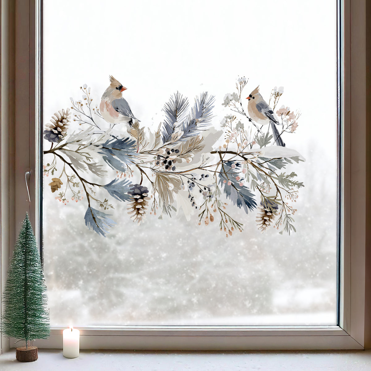 Christmas Snowy Birds on Branches Window Decoration - Reusable Winter Clings for Shops & Homes