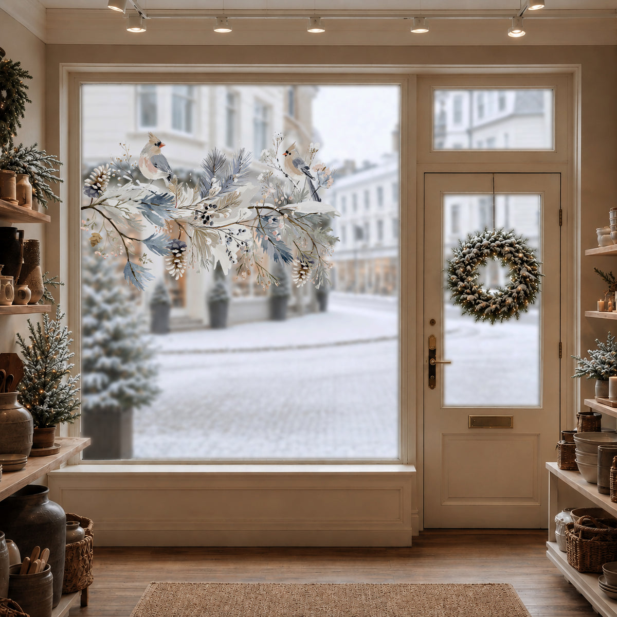 Christmas Snowy Birds on Branches Window Decoration - Reusable Winter Clings for Shops & Homes