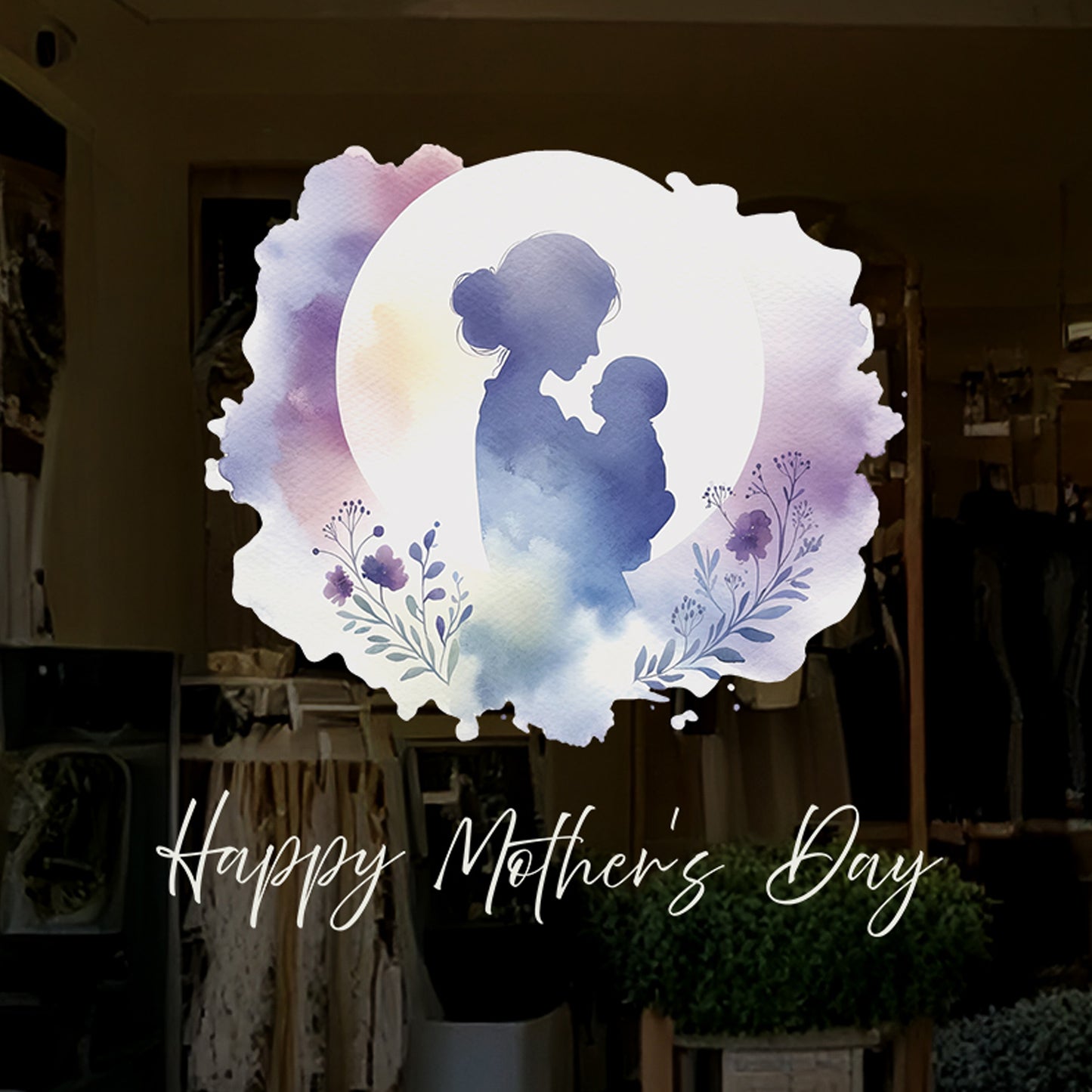 Mother & Baby with Moon and Flowers Mother's Day Window Decal