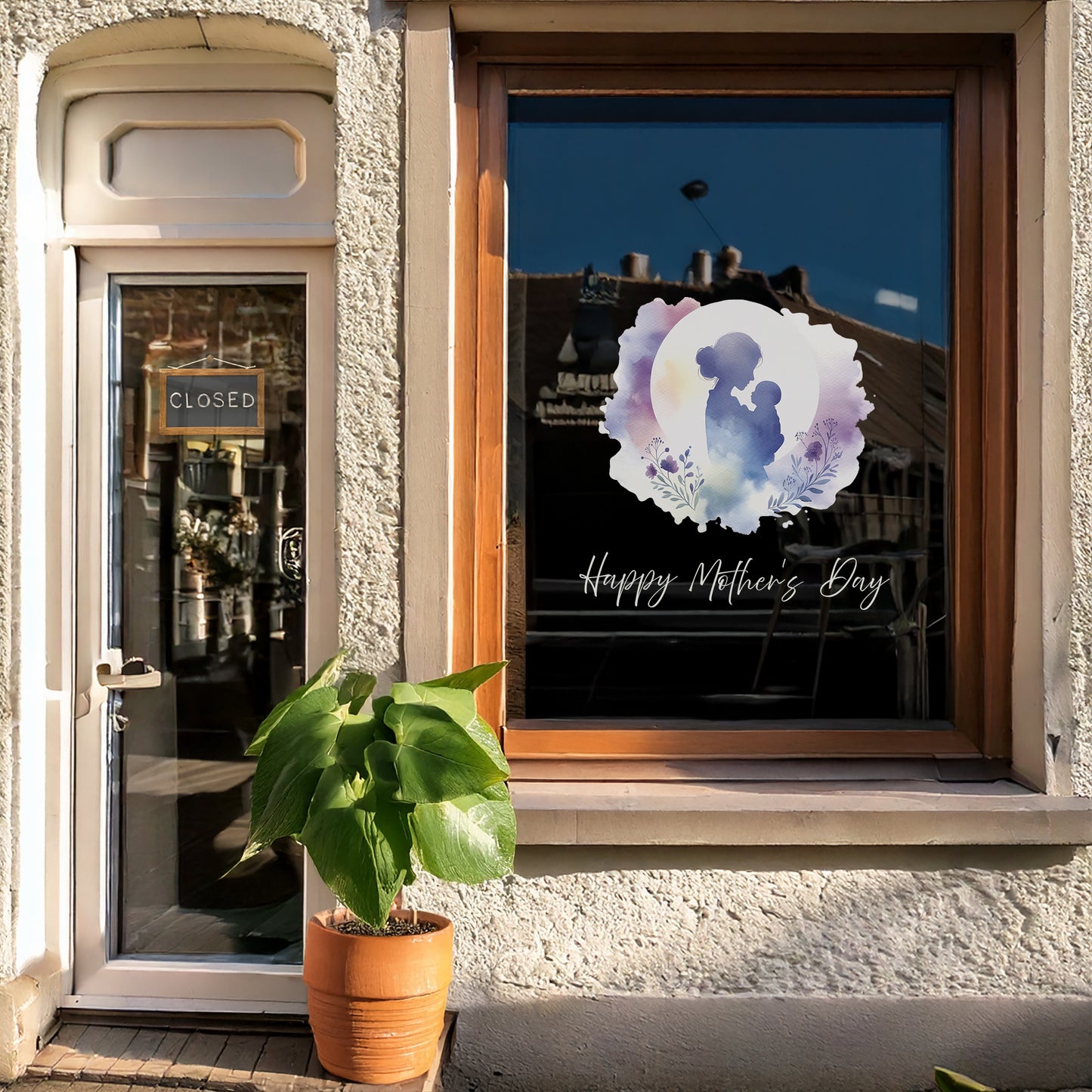 Mother & Baby with Moon and Flowers Mother's Day Window Decal