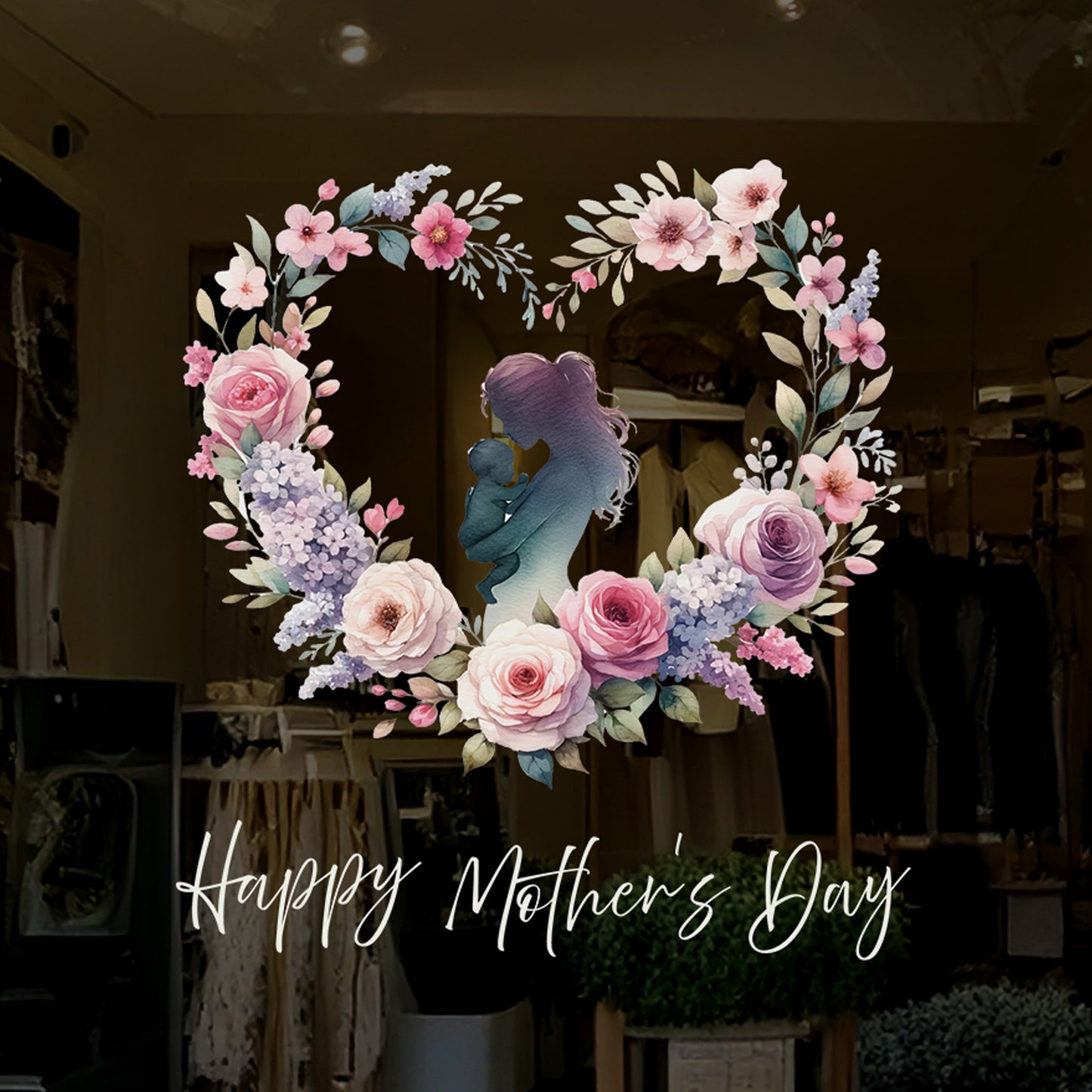 Mother & Baby in Floral Heart Mother's Day Window Decal