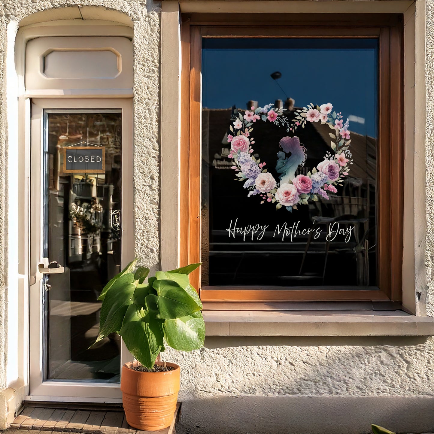 Mother & Baby in Floral Heart Mother's Day Window Decal
