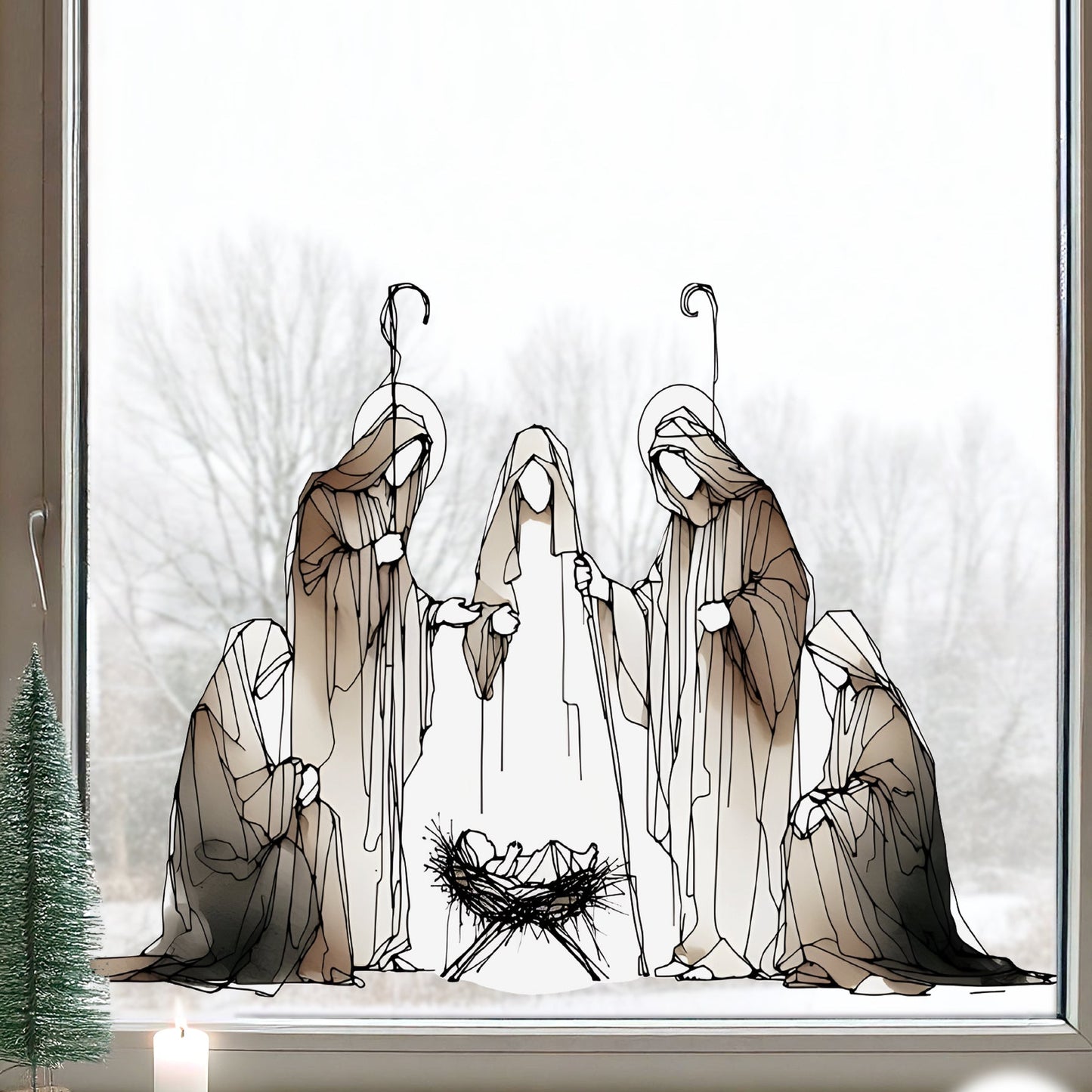 Brown Watercolour Nativity Scene Christmas Window Decal