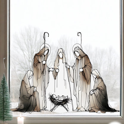 Brown Watercolour Nativity Scene Christmas Window Decal