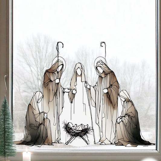 Brown Watercolour Nativity Scene Christmas Window Decal
