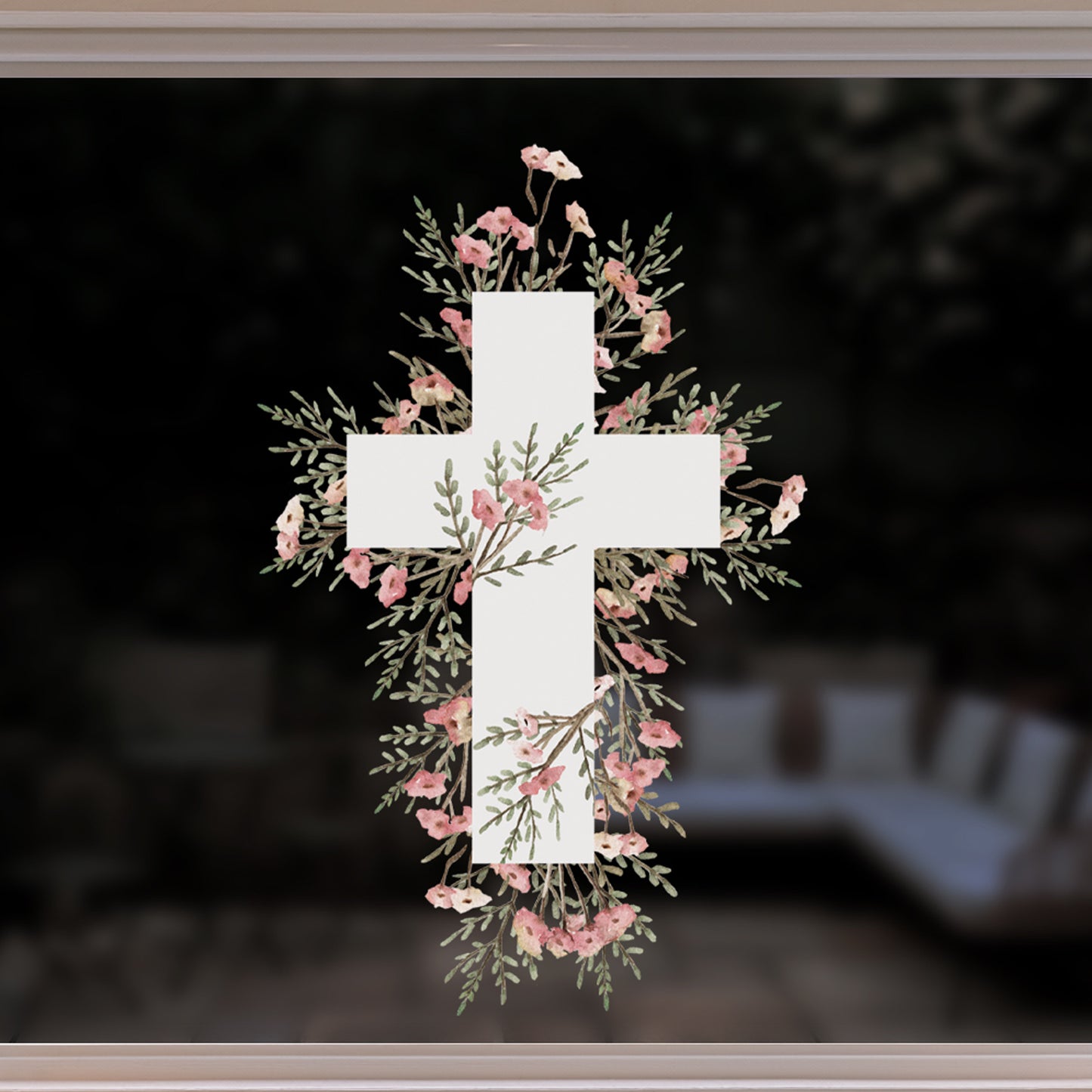 White Cross Easter Pastel Flower Window Decal