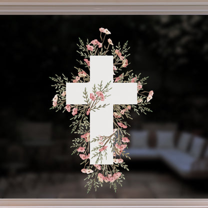 White Cross Easter Pastel Flower Window Decal