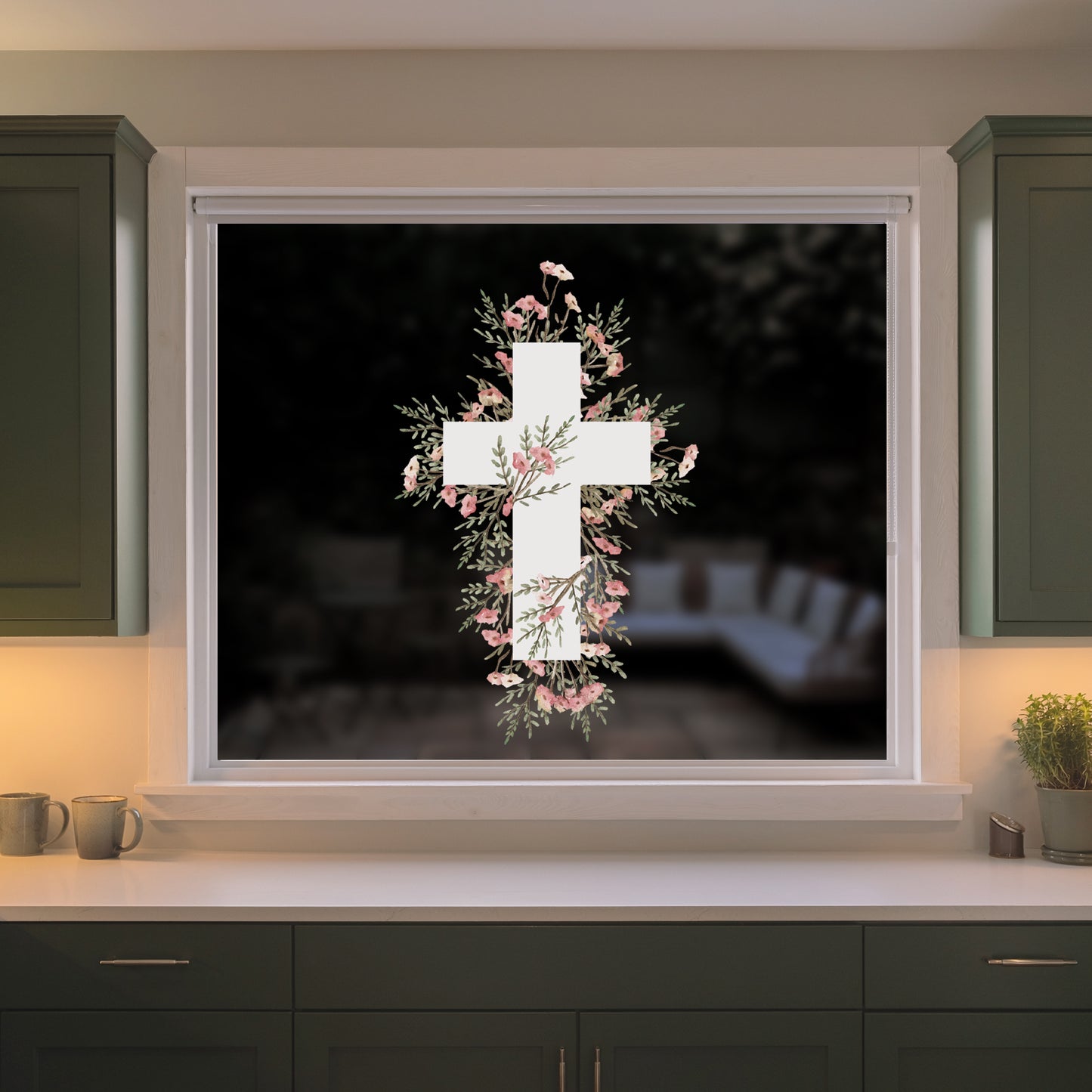 White Cross Easter Pastel Flower Window Decal