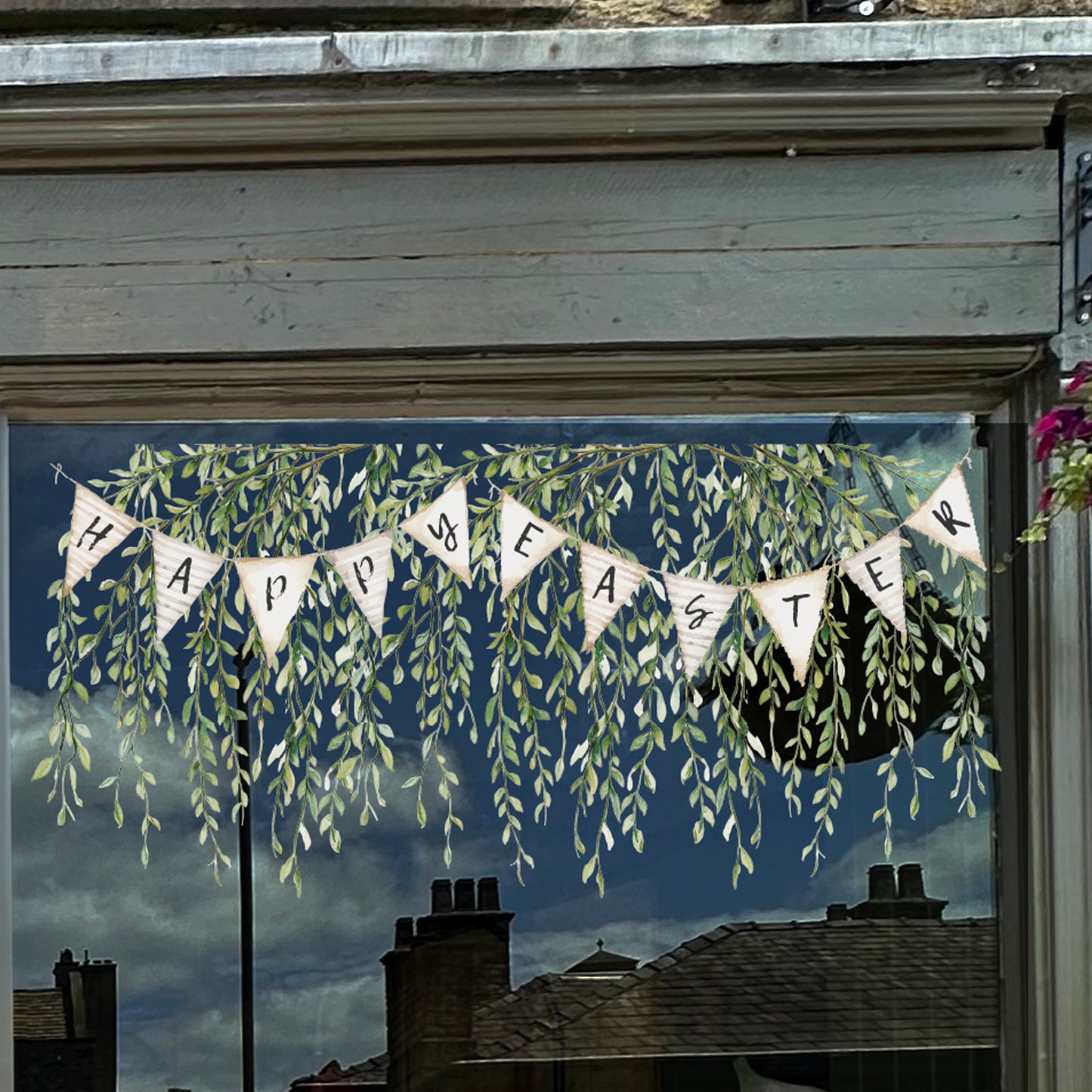 Happy Easter Bunting Quote Leafy Window Decal Border