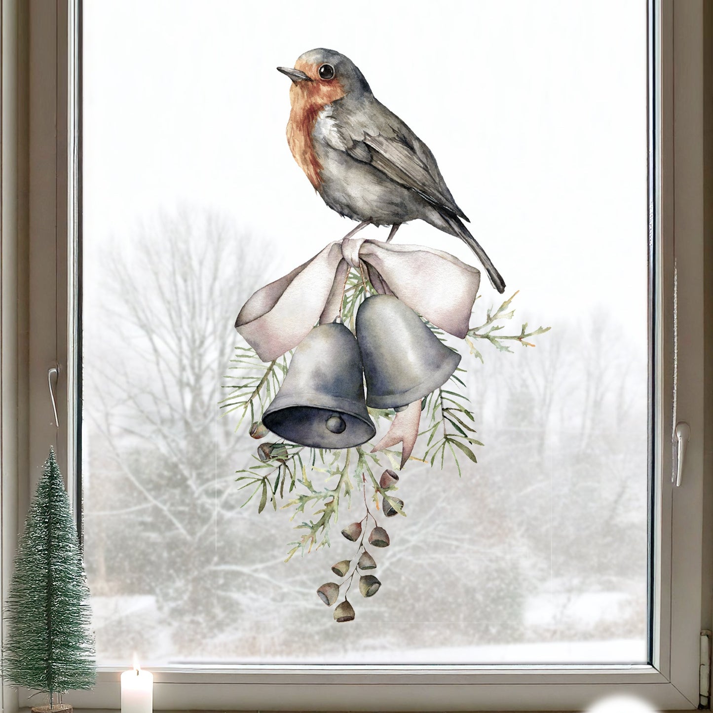 Christmas Robin On Bells Window Decal