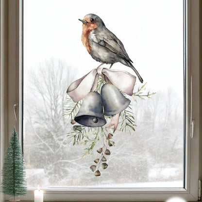 Christmas Robin On Bells Window Decal