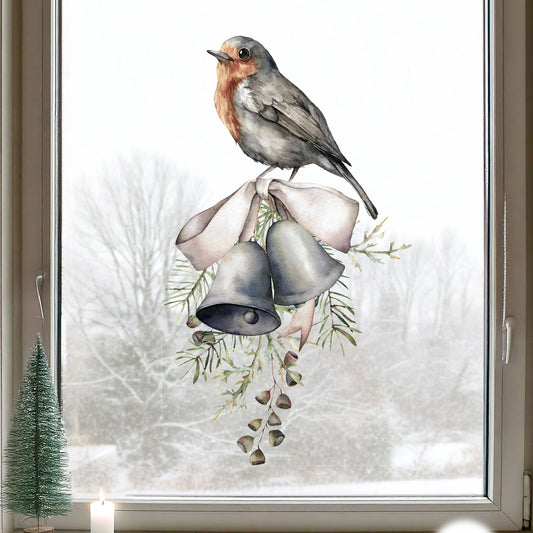 Christmas Robin On Bells Window Decal