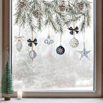 Christmas Blue Baubles & Pine Window Decoration - Reusable Clings for Shop & Home Winter Decor